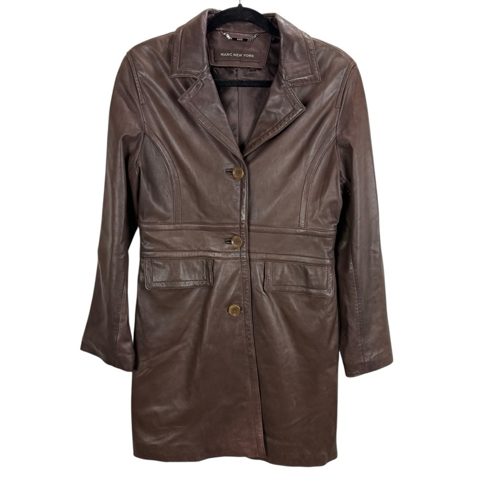 Vintage Marc New York Chocolate Brown Leather Button Down Car Coat Sz Medium